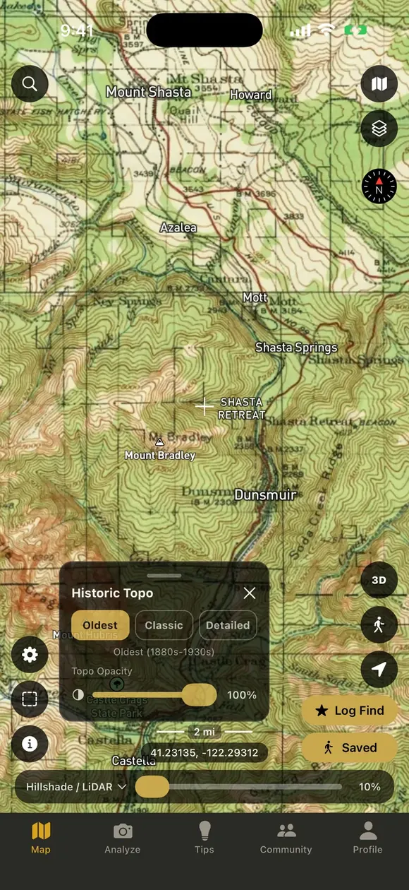 A scanned historic USGS topographic sheet drawn over the map, with the era band picker open showing the oldest, classic and detailed options