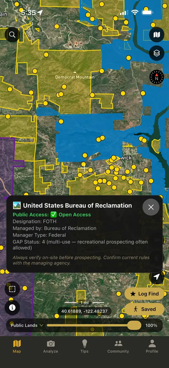 Public land unit boundaries near Keswick, California, color coded by managing agency, with a unit detail open showing that the area is open to public access and managed by the Bureau of Reclamation